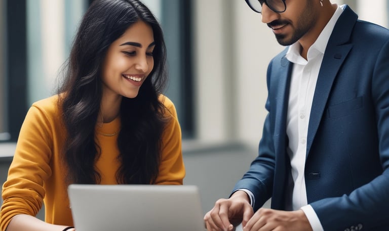 A group of people are in an office setting, engaged in discussion around a computer screen displaying design mockups. The atmosphere suggests a collaborative work environment with attention focused on the digital content.