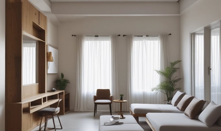 A cozy minimalist kost room with natural light and tropical plants in Bali.