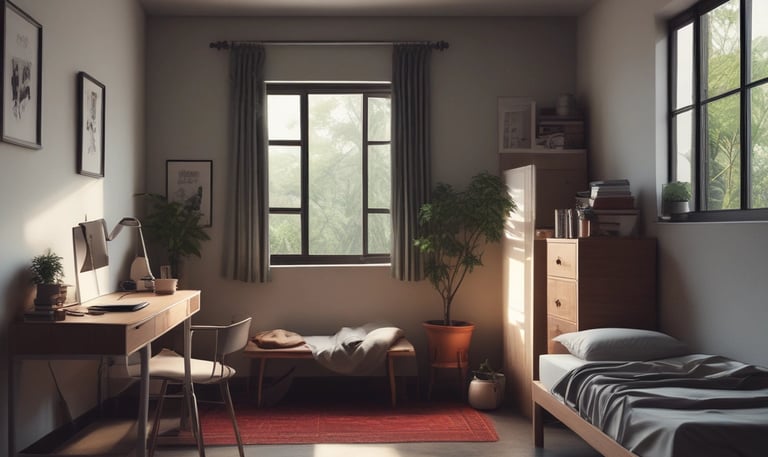 A cozy minimalist kost room with natural light and tropical plants in Bali.