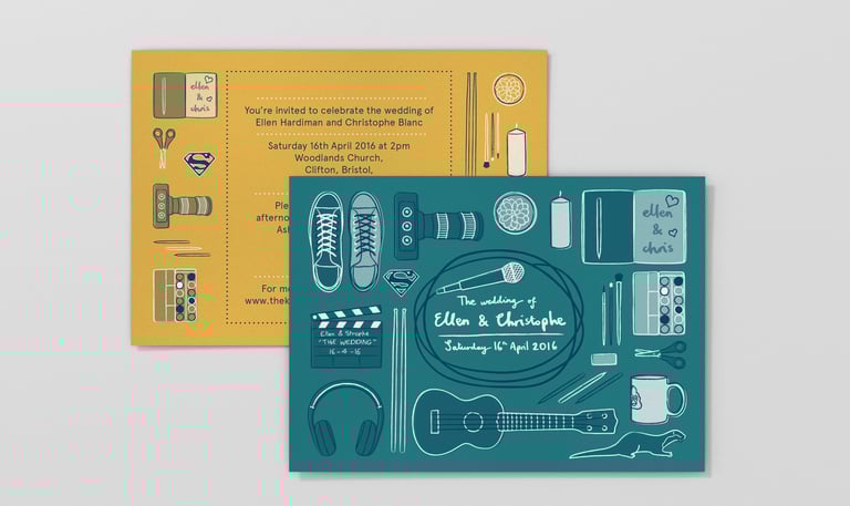 Wedding invitation flat lay showing front and back of the design