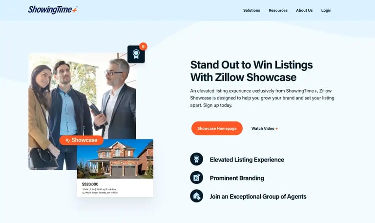 Zillow Showcase homepage highlighting agent branding and listing promotion tools