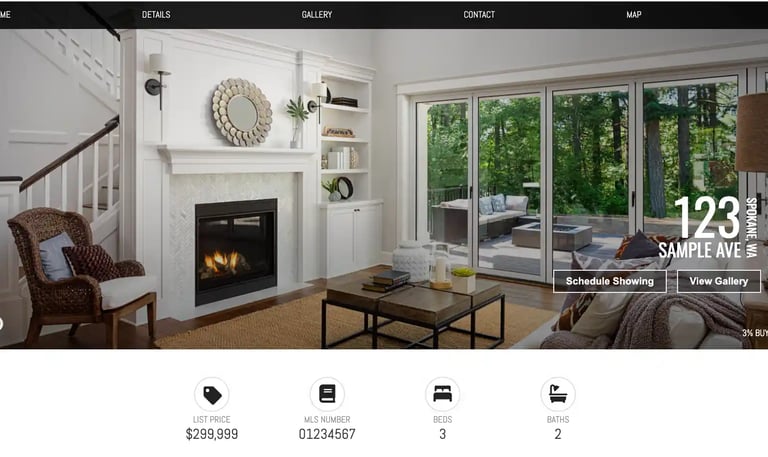 Real estate listing preview featuring a living room with listing details and CTA buttons