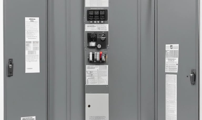 A black and white image of an electrical junction box mounted on a vertical pole. The box is labeled with the code '2DJ030305' and has several wires and cables connected beneath it. The background is blurred, with indistinct structures visible.