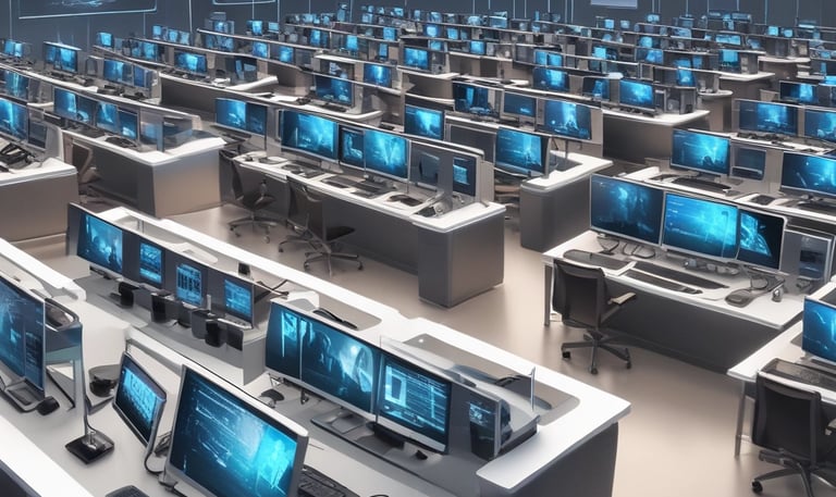 A small, white humanoid robot with blue accents, including eyes, mouth, and a circular badge with the letters 'AI' on its chest, is positioned in front of a blue laptop on a metallic surface. The robot has a simple, smooth design with two cylindrical arms and a small antenna on top.