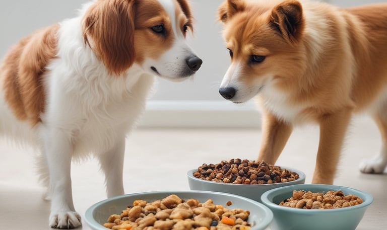 Two dogs are shown sniffing a packet labeled CBD pet chews held by a person. The dogs are wearing collars and leashes, and one of the dogs is brown with a black collar while the other is a mix of white and brown with a pink collar. The background is a gray pavement.