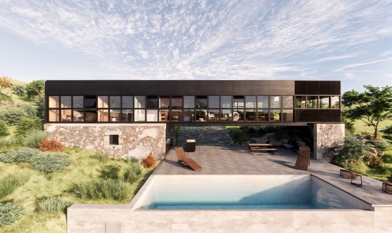 Casa contemporánea. construcción mixta en hormigón, piedra y acero. Arquitectura con sentido.