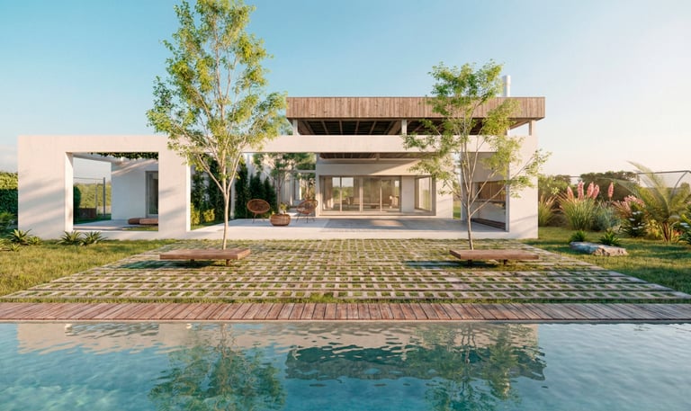 Vista desde la pileta hacia la galería conectada al interior mediante patio interno y grandes ventanales.arquitectura moderna