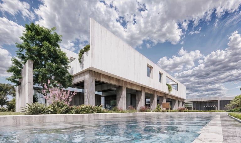Una casa moderna y minimalista. la planta baja hormigón visto y galería vinculada con el patio. arquitectura con setnido