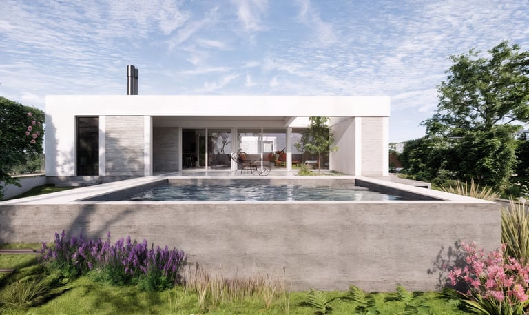 Una pileta de hormigón visto y una galería vidriada. continuidad. Arquitectura con sentido.