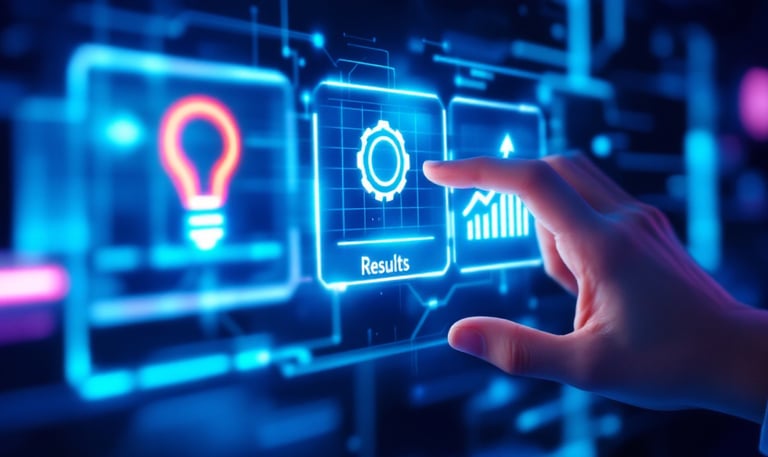 Photo of a hand interacting with a touchscreen showing icons for innovation, simplicity, and results