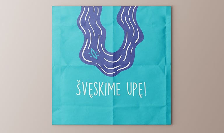 Festival logotype. River U letter shape, blue colour with small canoe.
