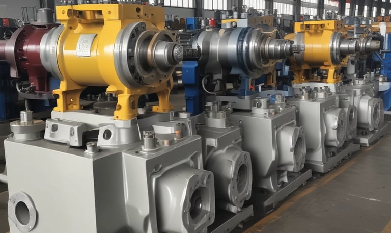 A close-up of a metallic mechanical component featuring green painted parts, a brass or bronze fitting, and a threaded pipe extending vertically. The focus is on the industrial equipment, showing the textures and details of the metal surfaces.