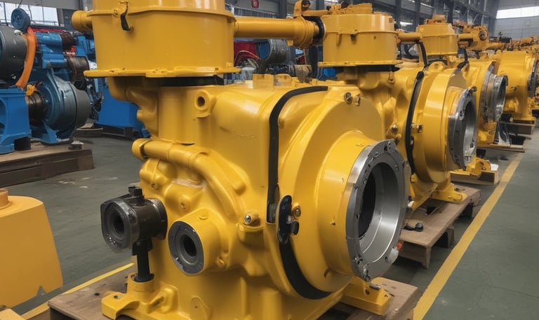 Close-up view of a metal mechanical component with interconnected rods and cylindrical gears, featuring metallic surfaces with various finishes, surrounded by industrial machinery parts.