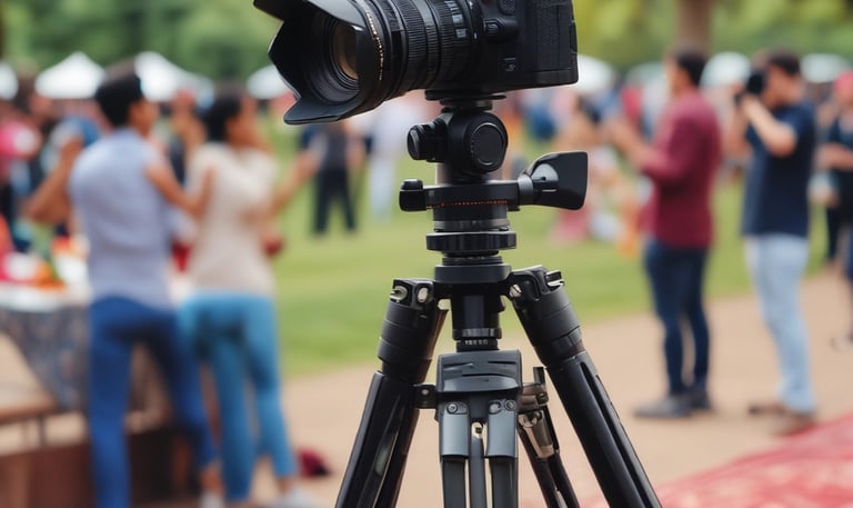 A person in a red hoodie is operating a video camera on a tripod in a dimly lit event space filled with people. The room is decorated with chandeliers and ambient lighting, creating a lively atmosphere as attendees engage with the event.