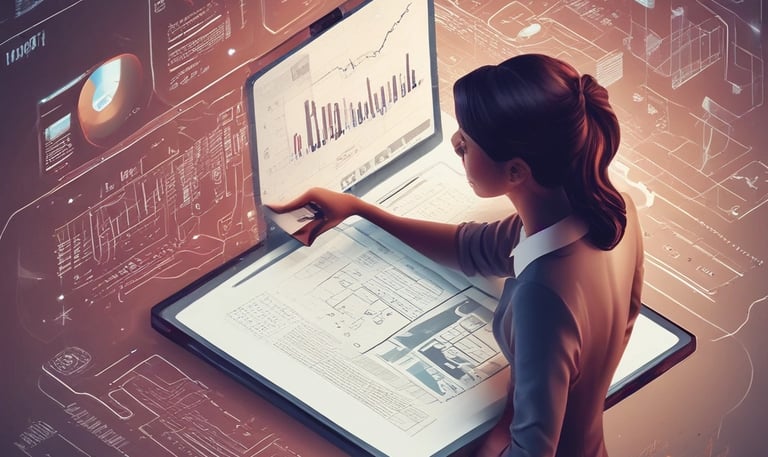 A scene featuring two robotic figures made from interlocking pieces on a wooden surface. One robot is primarily blue and white with a futuristic design, holding a black rod in one hand. The other robot is tan and black with insect-like legs and two pickaxe arms, resembling a mechanical creature.