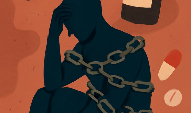 a person in chains surrounded by objects like pills and bottle of alcohol, representing addiction.