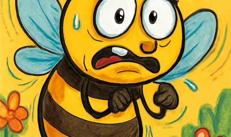 An animated bee with sweat pouring down its cheeks. The bee appears to be anxious and scared.