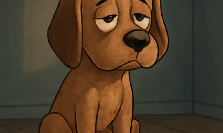 A animated image of a brown dog sitting in a dark room. The dog seems to be upset and depressed.