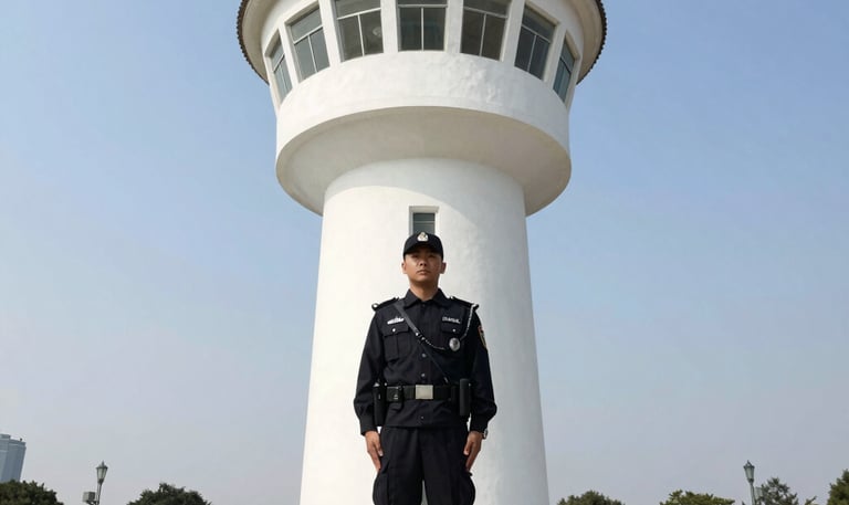 A vigilant security guard in uniform standing beside a secured gate with the Mexican flag in the background.