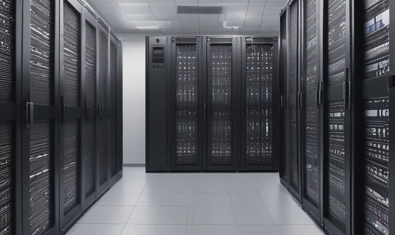 a long hallway with glass doors leading to another room