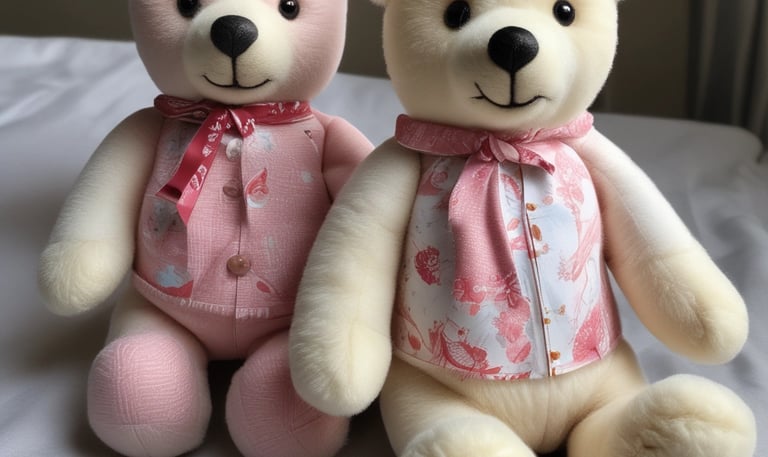 An orange teddy bear toy with black eyes and a small black nose sits against a dark background. The bear wears a blue scarf around its neck and features a green patch on its stomach with the words 'I love my teddy' inscribed on it.