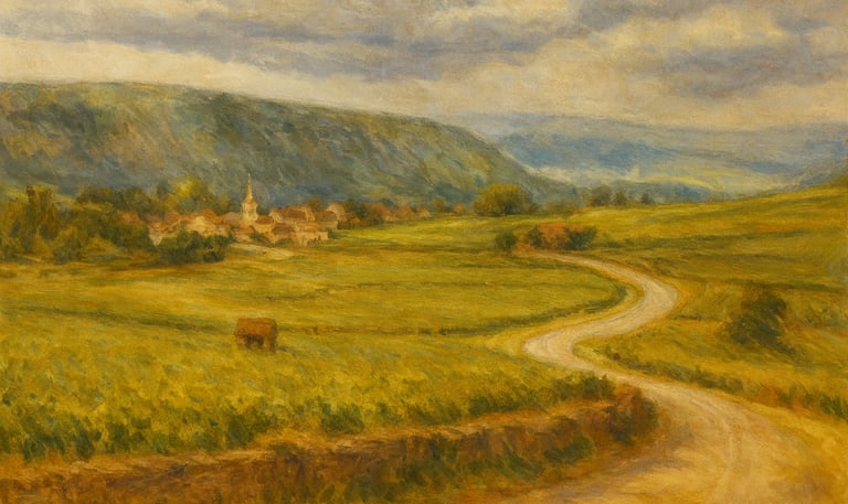 Impressionist oil painting of a winding road through golden fields toward a rural village and hills.