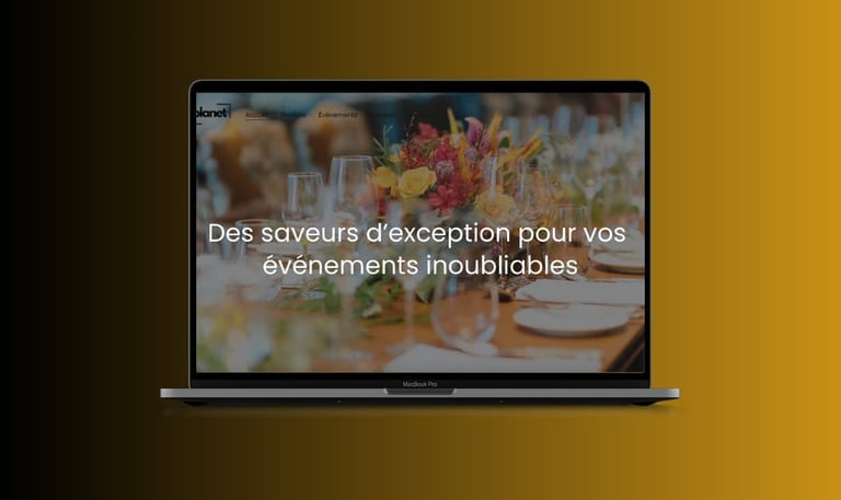 A laptop displaying an event catering website with a floral centerpiece and elegant table setting.