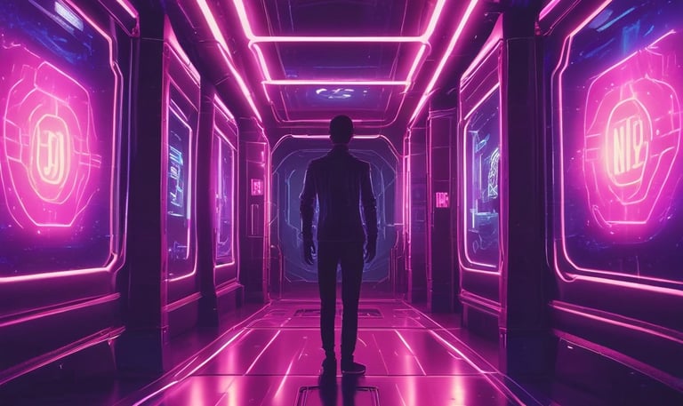 a man standing in a room with neon lights