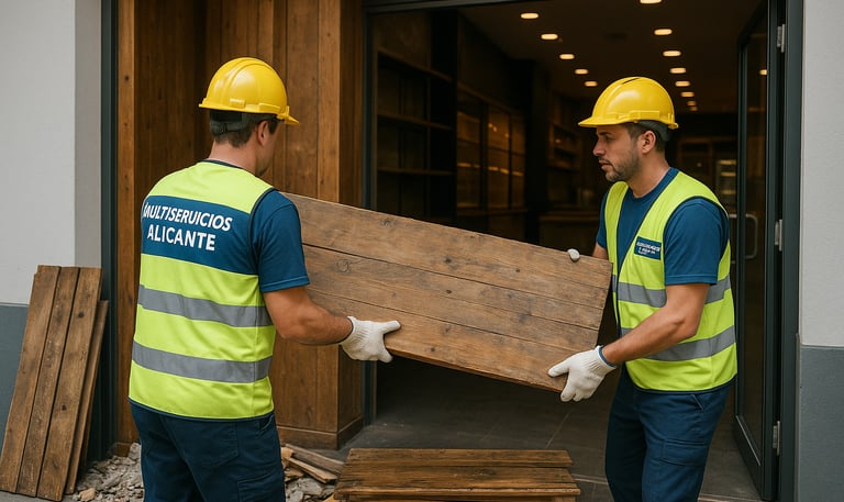 "Dos trabajadores de Multiservicios Alicante retirando una tabla de madera del interior de un local