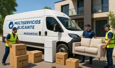 Equipo de trabajadoes realizando una mudanza con los muebles y cajas en la calle