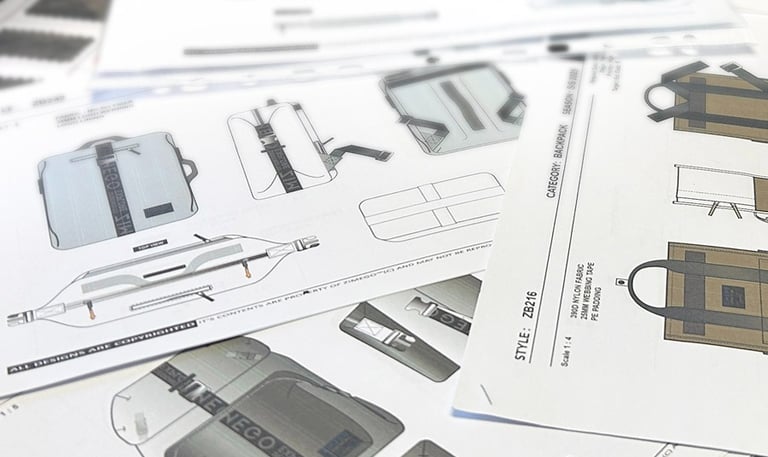 designing and creating tech packs for mens clothing and bags