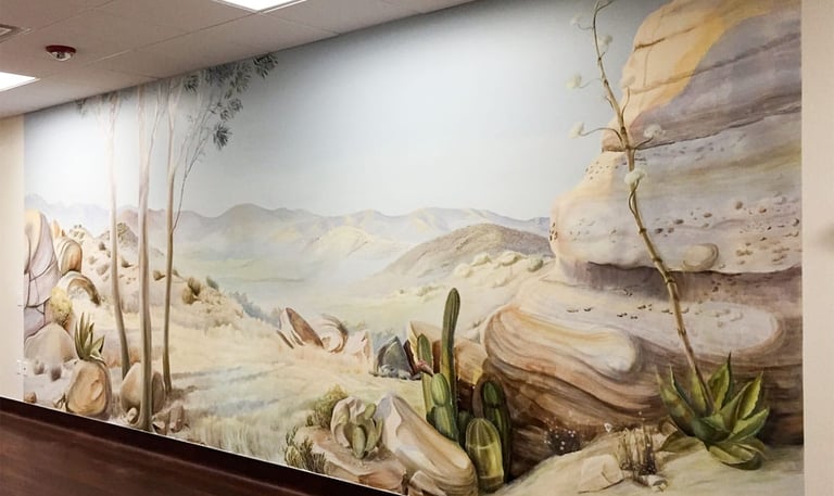 2 panorama murals of Southern California landscapes adorn a long hallway, each measuring 20ft x 8.5ft. 