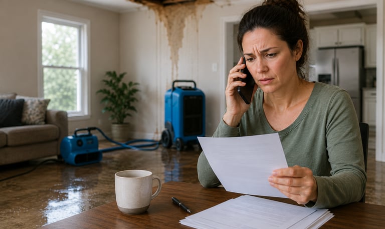 Homeowner reviewing insurance paperwork after water damage
