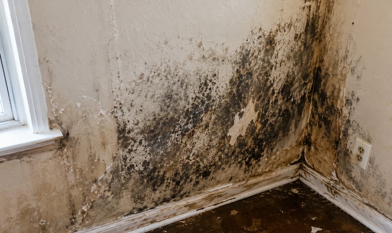 Water damage and mold growth inside residential walls showing moisture intrusion, drywall deteriorat