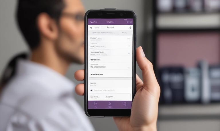 A checkout counter in a grocery store with a computer screen displaying a point-of-sale software interface. The counter has various products like snacks and a barcode scanner. Shelves filled with assorted items are visible in the background, with customers browsing and shopping.