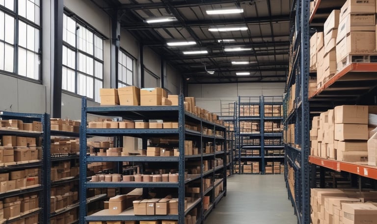 A warehouse or industrial setting with rows of stacked metal beams organized neatly on yellow shelving units. The floor features painted safety lines and a large word 'PARE' in white, likely indicating a stop sign.