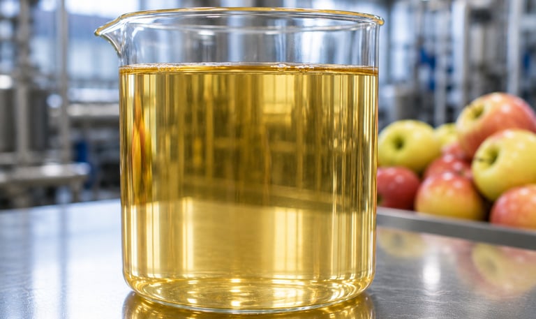 Freshly pressed apple juice in a glass beaker inside a processing facility with whole red and yellow apples.