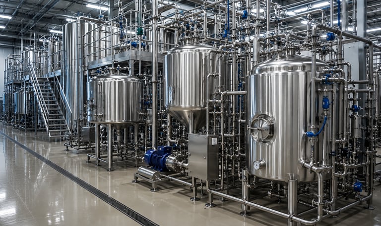 Industrial stainless steel fruit tanks and piping system in a modern beverage production facility.