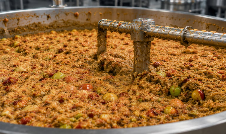 Industrial fruit mixer processing a thick apple pomace in a stainless steel vat.