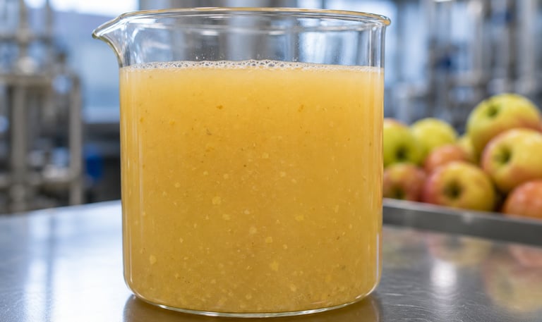 Freshly pressed unfiltered apple cider in a glass beaker during the juice production process.
