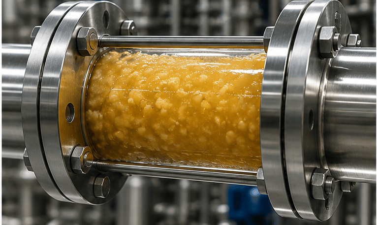 Industrial sight glass showing thick apple pulp flowing through stainless steel pipes.