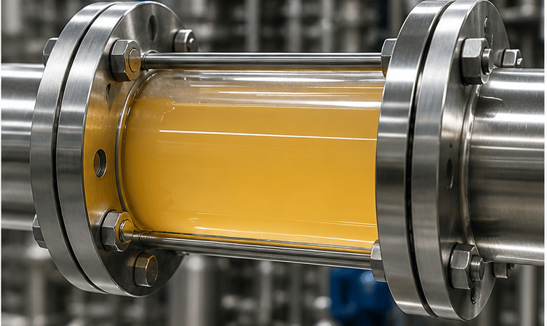 Industrial sight glass flow indicator showing yellow liquid in a stainless steel apple piping system