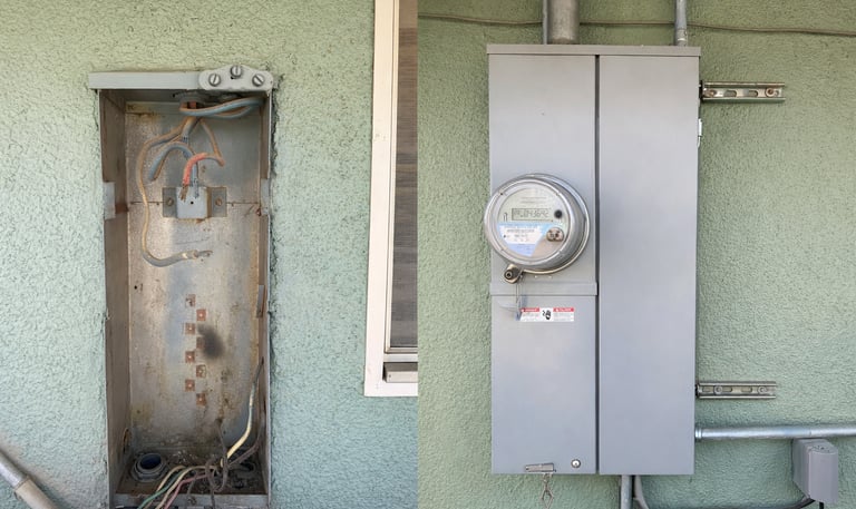 open box with loose wires before repair, and closed operational meter panel after installation