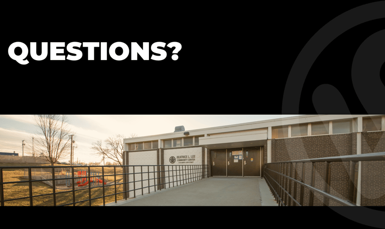 Closing presentation slide inviting questions, featuring a community center building and accessible entrance.