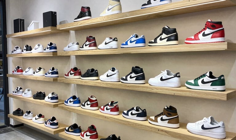 Pair of sleek, modern sneakers displayed on a clean white surface with red and blue accents.