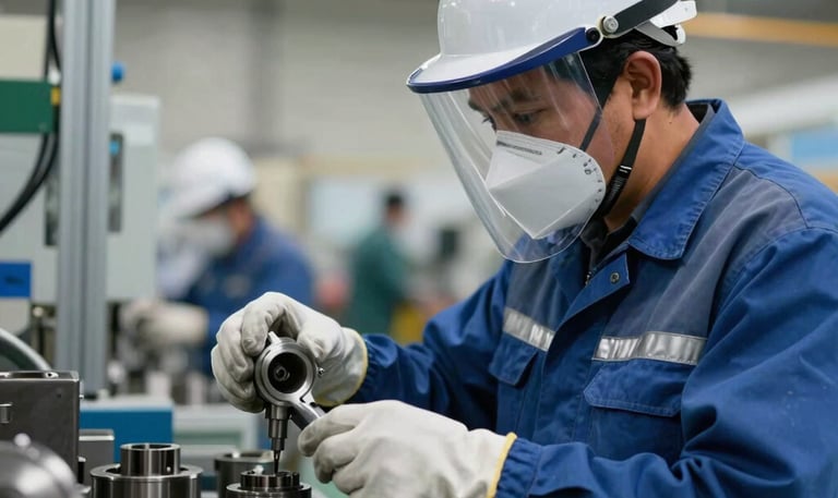 Close-up of a technician inspecting industrial components with a magnifying glass under bright factory lights.