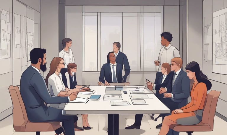 A team of professionals in a modern office discussing a business deal with documents and laptops.