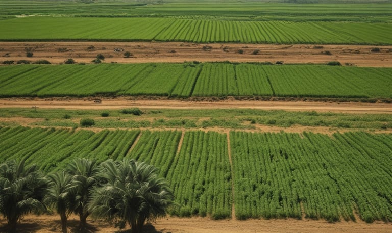 Lush green Egyptian farm fields with ripe crops ready for harvest under a clear blue sky.
