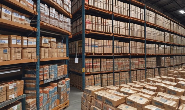 Stacks of packaged food and FMCG products neatly arranged in a modern warehouse ready for export.