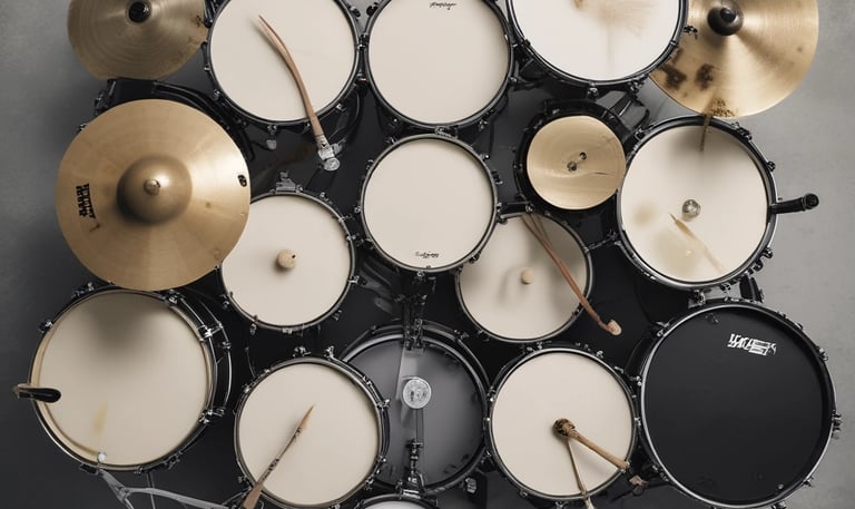 Close-up of hands playing a drum set in a dimly lit studio.